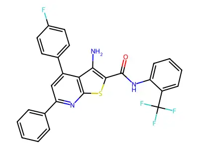 3-amino-4-(4-fluorophenyl)-6-phenyl-N-[2-(trifluoromethyl)phenyl]thieno[2,3-b]pyridine-2-carboxamide structure