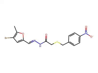 N-[(E)-(4-bromo-5-methylfuran-2-yl)methylideneamino]-2-[(4-nitrophenyl)methylsulfanyl]acetamide structure