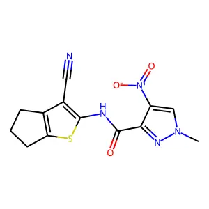 N-(3-cyano-5,6-dihydro-4H-cyclopenta[b]thiophen-2-yl)-1-methyl-4-nitropyrazole-3-carboxamide structure