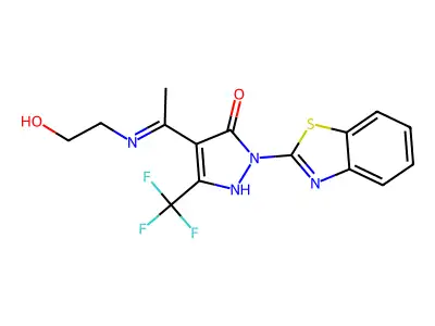 (4Z)-2-(1,3-benzothiazol-2-yl)-4-[1-(2-hydroxyethylamino)ethylidene]-5-(trifluoromethyl)pyrazol-3-one structure
