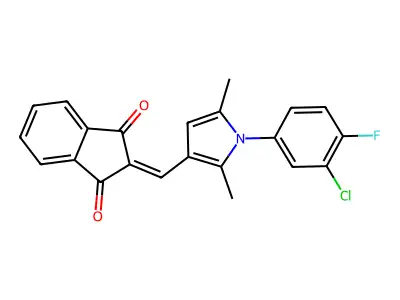2-[[1-(3-chloro-4-fluorophenyl)-2,5-dimethylpyrrol-3-yl]methylidene]indene-1,3-dione structure