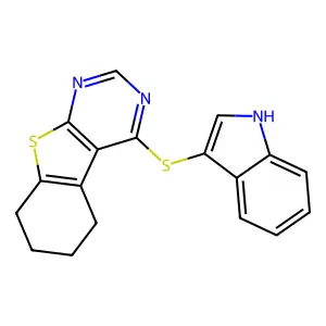 4-(1H-indol-3-ylsulfanyl)-5,6,7,8-tetrahydro[1]benzothieno[2,3-d]pyrimidine structure