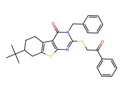 3-benzyl-7-tert-butyl-2-phenacylsulfanyl-5,6,7,8-tetrahydro-[1]benzothiolo[2,3-d]pyrimidin-4-one structure