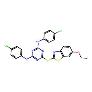 N,N'-bis(4-chlorophenyl)-6-[(6-ethoxy-1,3-benzothiazol-2-yl)sulfanyl]-1,3,5-triazine-2,4-diamine structure