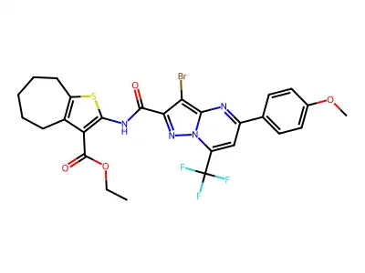 ethyl 2-({[3-bromo-5-(4-methoxyphenyl)-7-(trifluoromethyl)pyrazolo[1,5-a]pyrimidin-2-yl]carbonyl}amino)-5,6,7,8-tetrahydro-4H-cyclohepta[b]thiophene-3-carboxylate structure