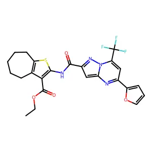 ethyl 2-({[5-(2-furyl)-7-(trifluoromethyl)pyrazolo[1,5-a]pyrimidin-2-yl]carbonyl}amino)-5,6,7,8-tetrahydro-4H-cyclohepta[b]thiophene-3-carboxylate structure
