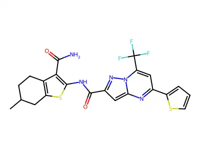 N-(3-carbamoyl-6-methyl-4,5,6,7-tetrahydro-1-benzothiophen-2-yl)-5-thiophen-2-yl-7-(trifluoromethyl)pyrazolo[1,5-a]pyrimidine-2-carboxamide structure