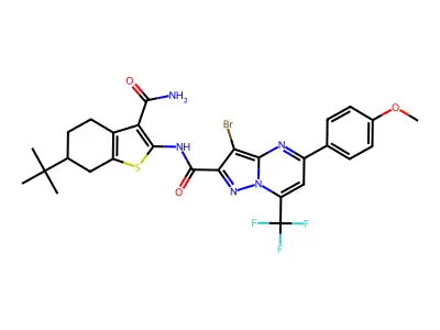 3-bromo-N-(6-tert-butyl-3-carbamoyl-4,5,6,7-tetrahydro-1-benzothiophen-2-yl)-5-(4-methoxyphenyl)-7-(trifluoromethyl)pyrazolo[1,5-a]pyrimidine-2-carboxamide structure