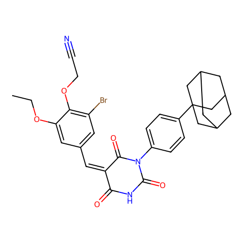 2-(4-{[1-[4-(1-adamantyl)phenyl]-2,4,6-trioxotetrahydro-5(2H)-pyrimidinylidene]methyl}-2-bromo-6-ethoxyphenoxy)acetonitrile structure