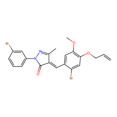 (4E)-4-[(2-bromo-5-methoxy-4-prop-2-enoxyphenyl)methylidene]-2-(3-bromophenyl)-5-methylpyrazol-3-one structure