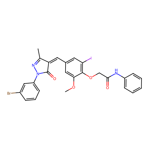 2-[4-[(Z)-[1-(3-bromophenyl)-3-methyl-5-oxopyrazol-4-ylidene]methyl]-2-iodo-6-methoxyphenoxy]-N-phenylacetamide structure