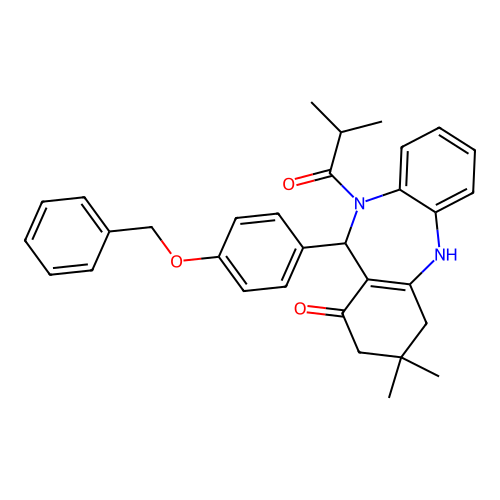11-[4-(benzyloxy)phenyl]-10-isobutyryl-3,3-dimethyl-2,3,4,5,10,11-hexahydro-1H-dibenzo[b,e][1,4]diazepin-1-one structure