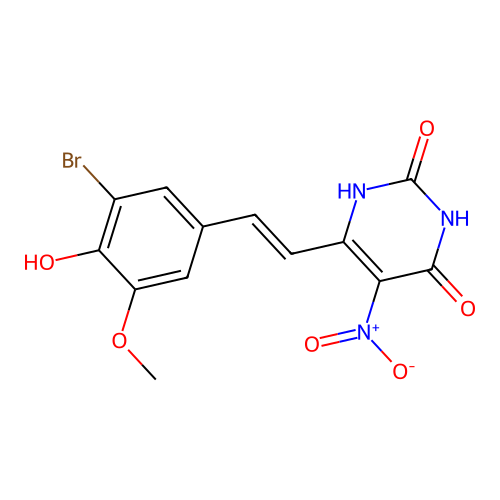 (E)-6-(3-bromo-4-hydroxy-5-methoxystyryl)-5-nitropyrimidine-2,4(1H,3H)-dione structure