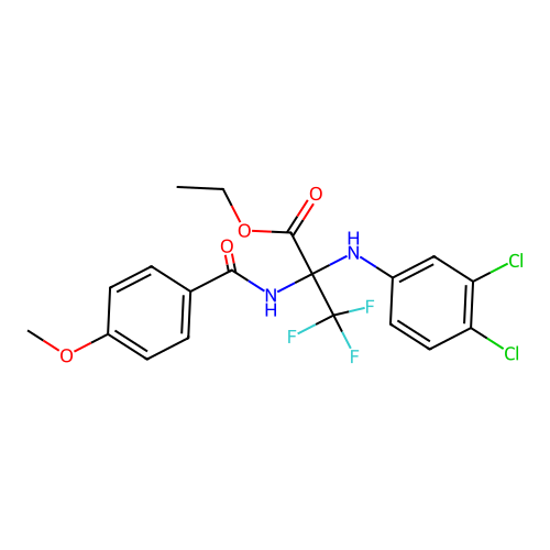 ethyl 2-((3,4-dichlorophenyl)amino)-3,3,3-trifluoro-2-(4-methoxybenzamido)propanoate structure