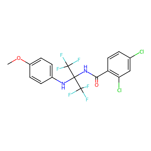 2,4-dichloro-N-(1,1,1,3,3,3-hexafluoro-2-((4-methoxyphenyl)amino)propan-2-yl)benzamide structure