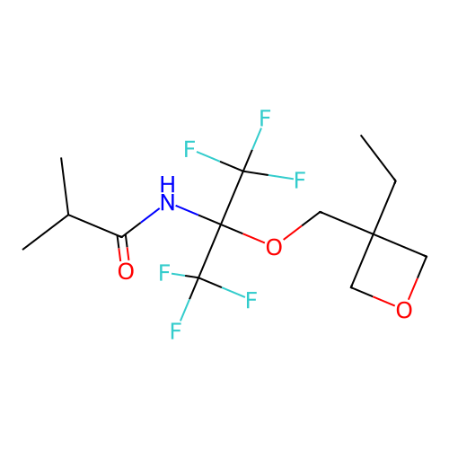 N-(2-((3-ethyloxetan-3-yl)methoxy)-1,1,1,3,3,3-hexafluoropropan-2-yl)isobutyramide structure