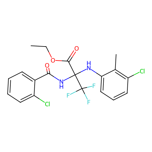 ethyl 2-((3-chloro-2-methylphenyl)amino)-2-(2-chlorobenzamido)-3,3,3-trifluoropropanoate structure