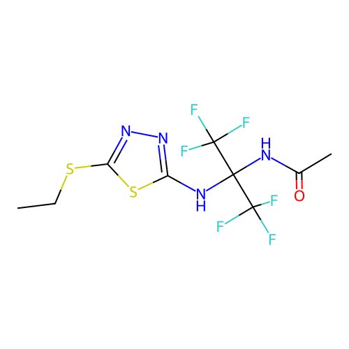 N-(2-((5-(ethylthio)-1,3,4-thiadiazol-2-yl)amino)-1,1,1,3,3,3-hexafluoropropan-2-yl)acetamide structure
