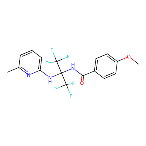 N-(1,1,1,3,3,3-hexafluoro-2-((6-methylpyridin-2-yl)amino)propan-2-yl)-4-methoxybenzamide structure