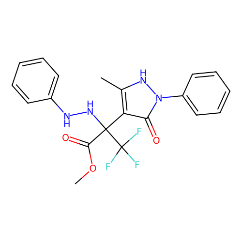methyl 3,3,3-trifluoro-2-(5-methyl-3-oxo-2-phenyl-2,3-dihydro-1H-pyrazol-4-yl)-2-(2-phenylhydrazinyl)propanoate structure