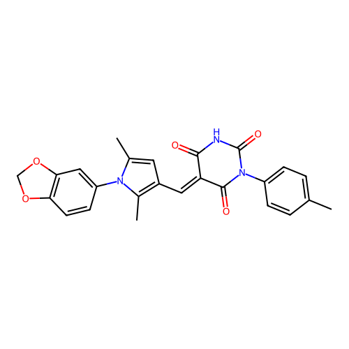 (5E)-5-{[1-(1,3-benzodioxol-5-yl)-2,5-dimethyl-1H-pyrrol-3-yl]methylidene}-1-(4-methylphenyl)pyrimidine-2,4,6(1H,3H,5H)-trione structure