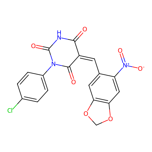 (5Z)-1-(4-chlorophenyl)-5-[(6-nitro-1,3-benzodioxol-5-yl)methylidene]-1,3-diazinane-2,4,6-trione structure
