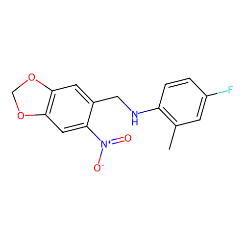 4-fluoro-2-methyl-N-[(6-nitro-1,3-benzodioxol-5-yl)methyl]aniline structure