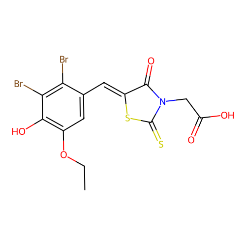 2-[5-[(2,3-dibromo-5-ethoxy-4-hydroxyphenyl)methylidene]-4-oxo-2-sulfanylidene-1,3-thiazolidin-3-yl]acetic acid structure