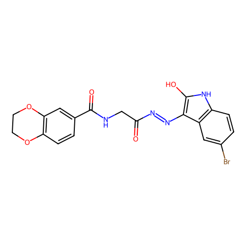 (Z)-N-(2-(2-(5-bromo-2-oxoindolin-3-ylidene)hydrazinyl)-2-oxoethyl)-2,3-dihydrobenzo[b][1,4]dioxine-6-carboxamide structure