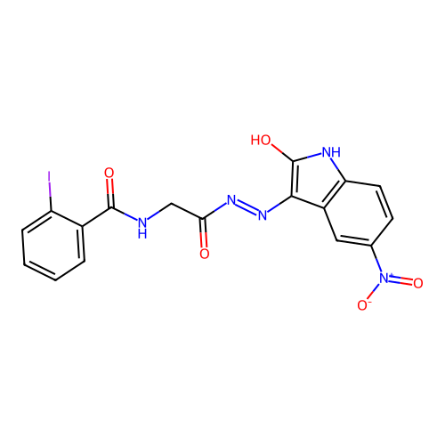2-iodo-N-[[(5-nitro-2-oxo-indol-3-yl)amino]carbamoylmethyl]benzamide structure