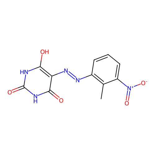 5-[2-(2-methyl-3-nitrophenyl)hydrazinylidene]pyrimidine-2,4,6(1H,3H,5H)-trione structure