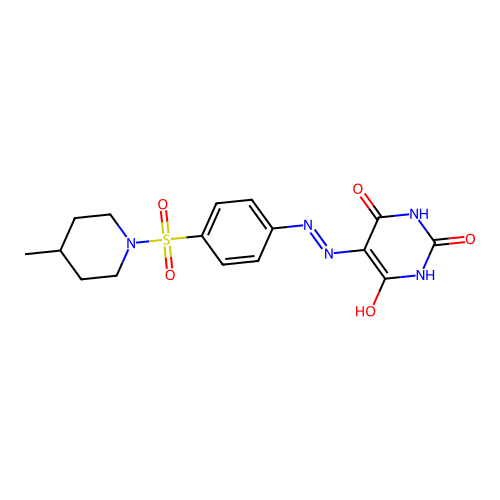 5-({4-[(4-methyl-1-piperidinyl)sulfonyl]phenyl}hydrazono)-2,4,6(1H,3H,5H)-pyrimidinetrione structure