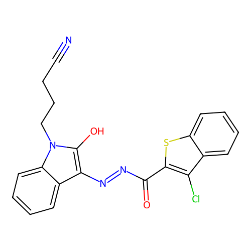 3-chloro-N'-[(3Z)-1-(3-cyanopropyl)-2-oxo-1,2-dihydro-3H-indol-3-ylidene]-1-benzothiophene-2-carbohydrazide structure