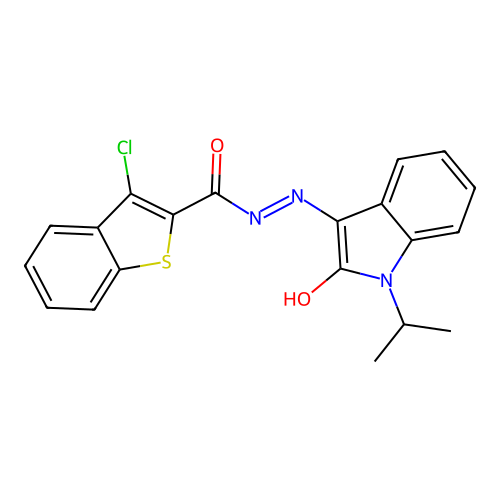 3-chloro-N'-[(3Z)-2-oxo-1-(propan-2-yl)-1,2-dihydro-3H-indol-3-ylidene]-1-benzothiophene-2-carbohydrazide structure