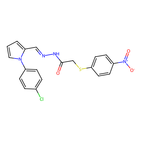 N-[(E)-[1-(4-chlorophenyl)pyrrol-2-yl]methylideneamino]-2-(4-nitrophenyl)sulfanylacetamide structure