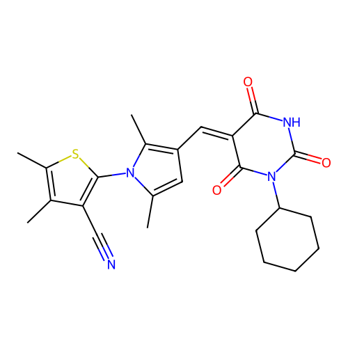 2-{3-[(Z)-(1-cyclohexyl-2,4,6-trioxotetrahydropyrimidin-5(2H)-ylidene)methyl]-2,5-dimethyl-1H-pyrrol-1-yl}-4,5-dimethylthiophene-3-carbonitrile structure