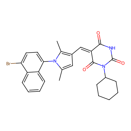(5Z)-5-{[1-(4-bromonaphthalen-1-yl)-2,5-dimethyl-1H-pyrrol-3-yl]methylidene}-1-cyclohexylpyrimidine-2,4,6(1H,3H,5H)-trione structure