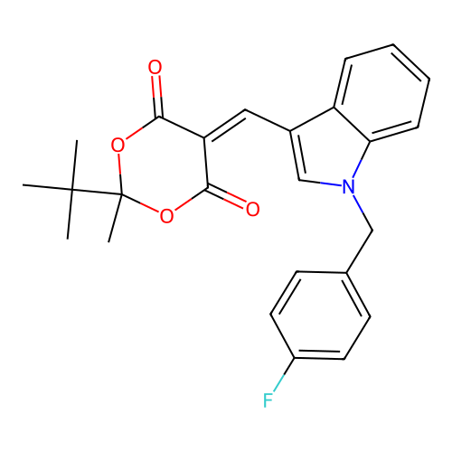 2-tert-butyl-5-{[1-(4-fluorobenzyl)-1H-indol-3-yl]methylidene}-2-methyl-1,3-dioxane-4,6-dione structure