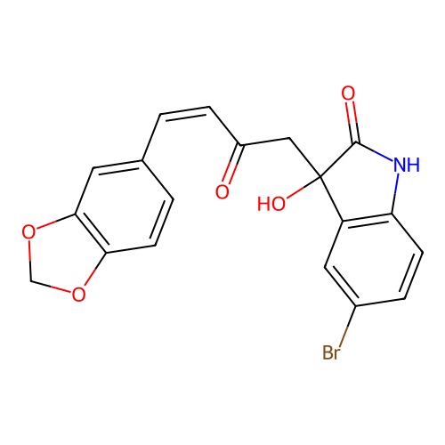 3-[4-(1,3-benzodioxol-5-yl)-2-oxo-3-butenyl]-5-bromo-3-hydroxy-1,3-dihydro-2H-indol-2-one structure
