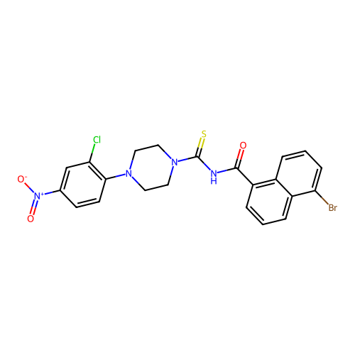(5-bromonaphthyl)-N-{[4-(2-chloro-4-nitrophenyl)piperazinyl]thioxomethyl}carbo xamide structure