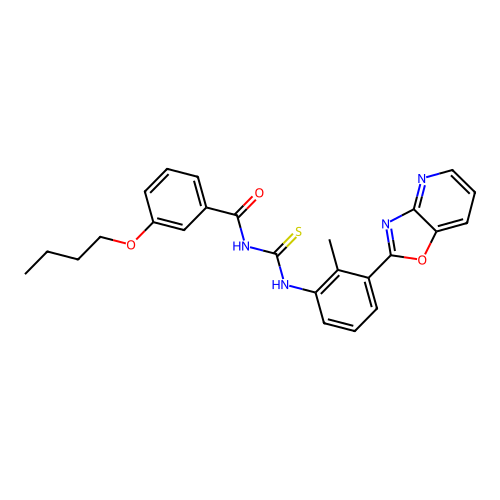 3-butoxy-N-((2-methyl-3-(oxazolo[4,5-b]pyridin-2-yl)phenyl)carbamothioyl)benzamide structure