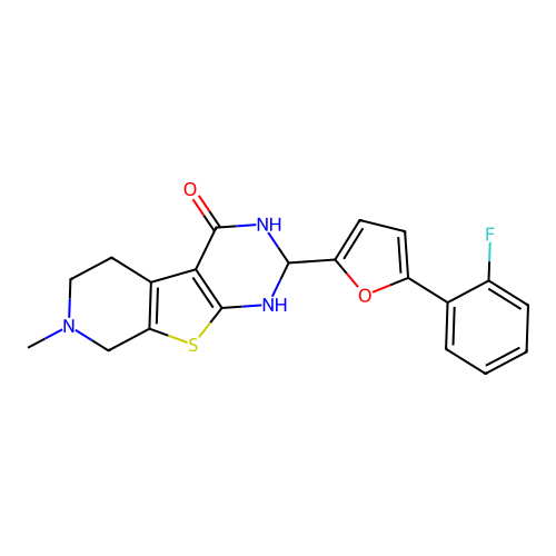 2-[5-(2-fluorophenyl)-2-furyl]-7-methyl-2,3,5,6,7,8-hexahydropyrido[4',3':4,5]thieno[2,3-d]pyrimidin-4(1H)-one structure
