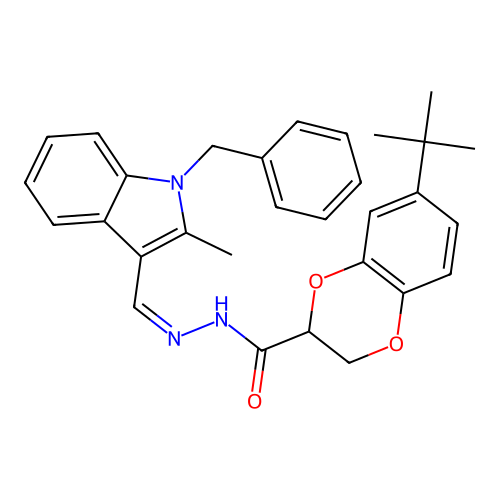 (Z)-N'-((1-benzyl-2-methyl-1H-indol-3-yl)methylene)-7-(tert-butyl)-2,3-dihydrobenzo[b][1,4]dioxine-2-carbohydrazide structure
