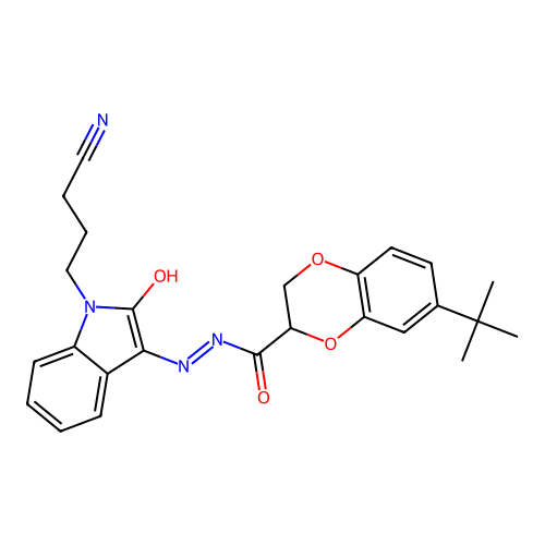 7-tert-butyl-N'-[(3E)-1-(3-cyanopropyl)-2-oxo-1,2-dihydro-3H-indol-3-ylidene]-2,3-dihydro-1,4-benzodioxine-2-carbohydrazide structure