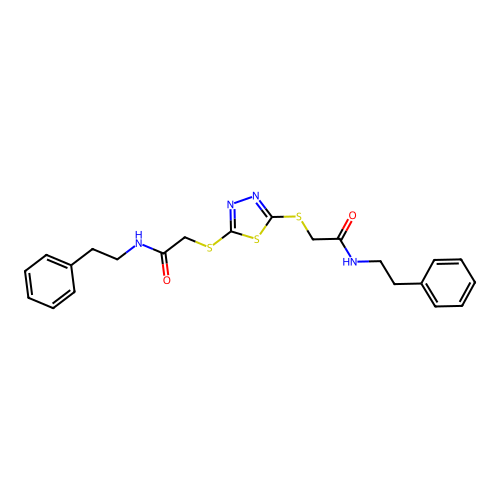 2,2'-((1,3,4-thiadiazole-2,5-diyl)bis(sulfanediyl))bis(N-phenethylacetamide) structure