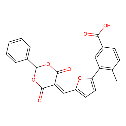 3-{5-[(4,6-dioxo-2-phenyl-1,3-dioxan-5-ylidene)methyl]furan-2-yl}-4-methylbenzoic acid structure