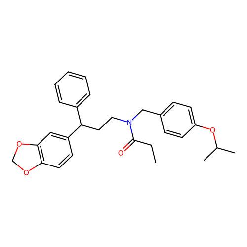 N-(3-(benzo[d][1,3]dioxol-5-yl)-3-phenylpropyl)-N-(4-isopropoxybenzyl)propionamide structure