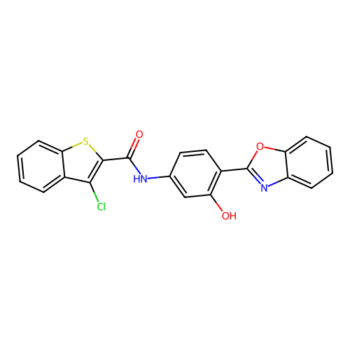 N-[4-(1,3-benzoxazol-2-yl)-3-hydroxyphenyl]-3-chloro-1-benzothiophene-2-carboxamide structure