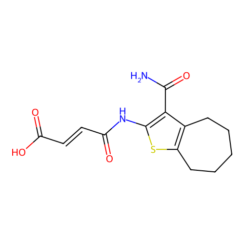 (E)-4-[(3-carbamoyl-5,6,7,8-tetrahydro-4H-cyclohepta[b]thiophen-2-yl)amino]-4-oxobut-2-enoic acid structure