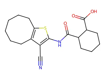 2-{[(3-cyano-4,5,6,7,8,9-hexahydrocycloocta[b]thiophen-2-yl)amino]carbonyl}cyclohexanecarboxylic acid structure